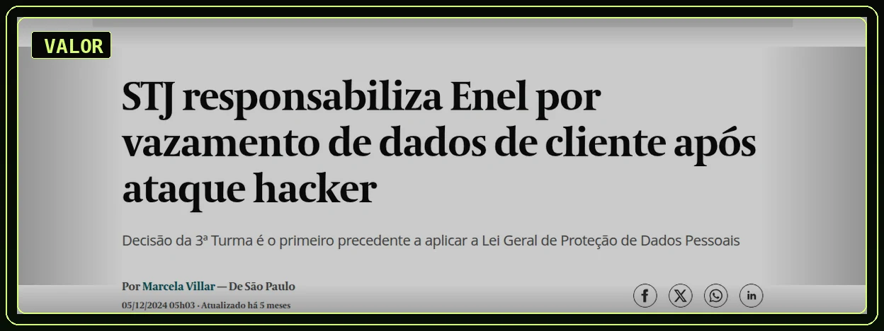 Recorte de manchete do Valor sobre vazamento de dados após ataque hacker